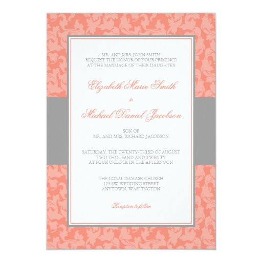 Coral And Gray Wedding Invitations
 Gray and Coral Damask Swirl Wedding Invitation