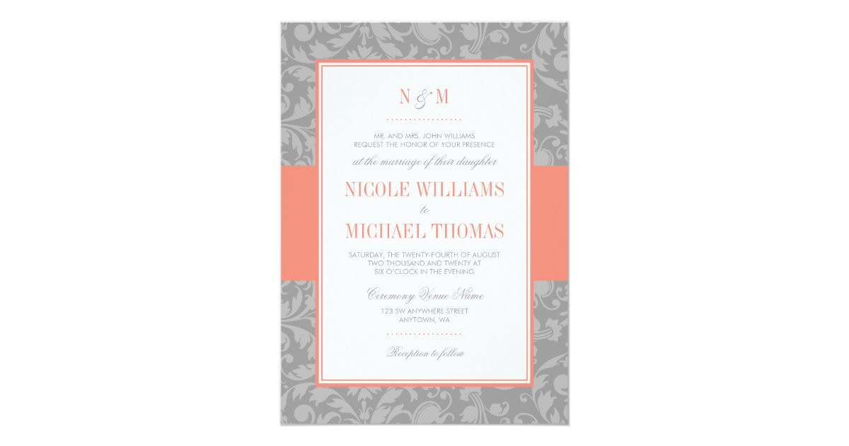 Coral And Gray Wedding Invitations
 Coral and Gray Damask Wedding Invitations