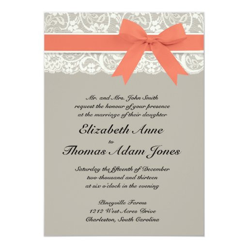 Coral And Gray Wedding Invitations
 Lace Ribbon Gray and Coral Wedding Invitation