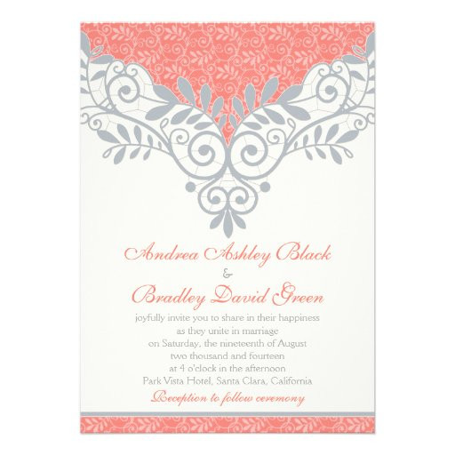 Coral And Gray Wedding Invitations
 Vintage Coral Silver Grey Lace Wedding Invitation 5" X 7
