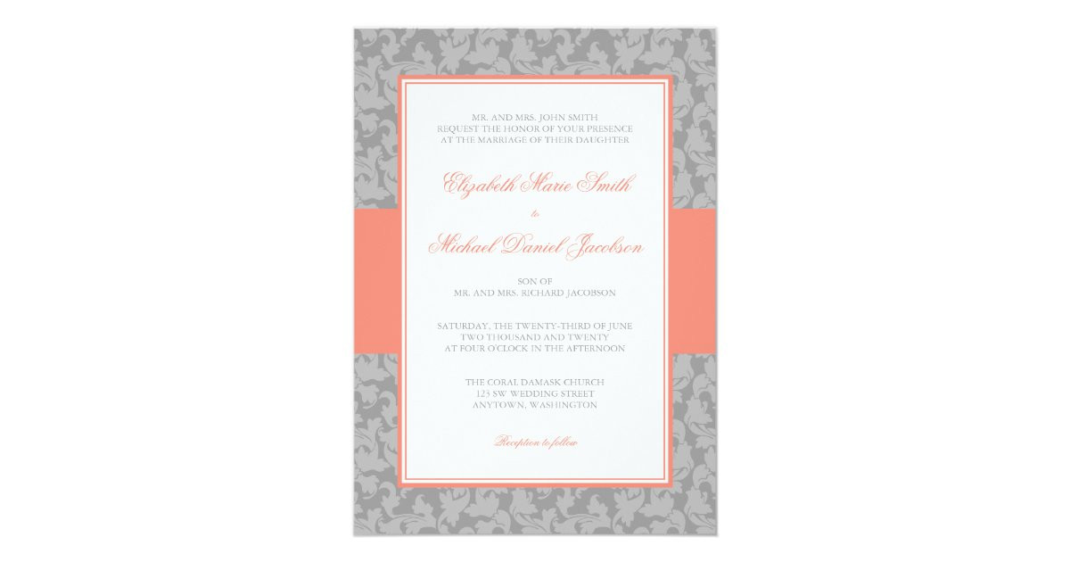 Coral And Gray Wedding Invitations
 Coral and Gray Damask Swirl Wedding Invitation