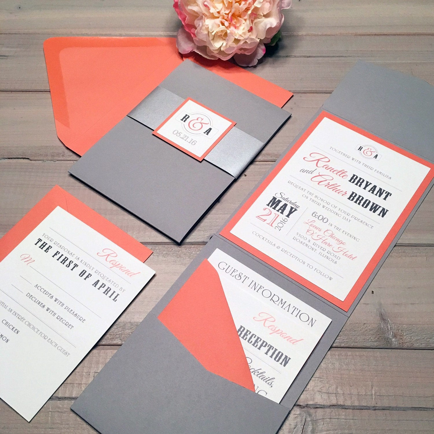 Coral And Gray Wedding Invitations
 Gray and Coral Wedding Invitations Modern Wedding