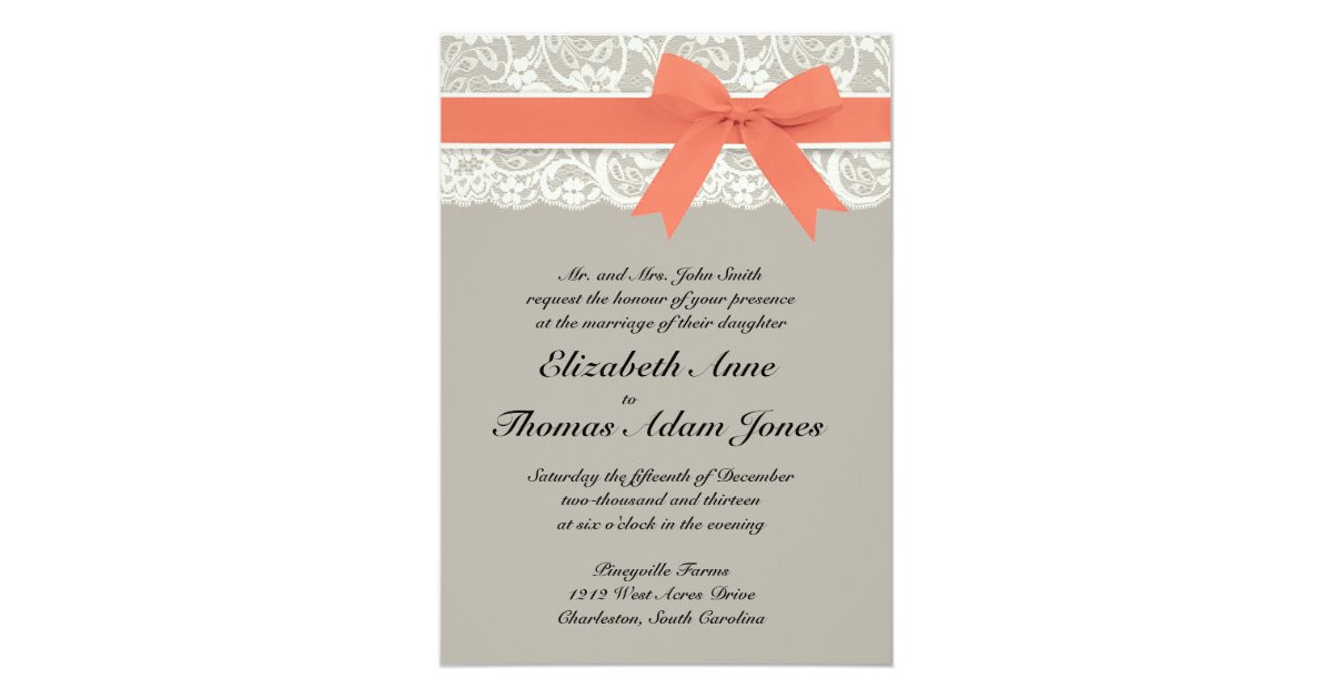 Coral And Gray Wedding Invitations
 Lace Ribbon Gray and Coral Wedding Invitation