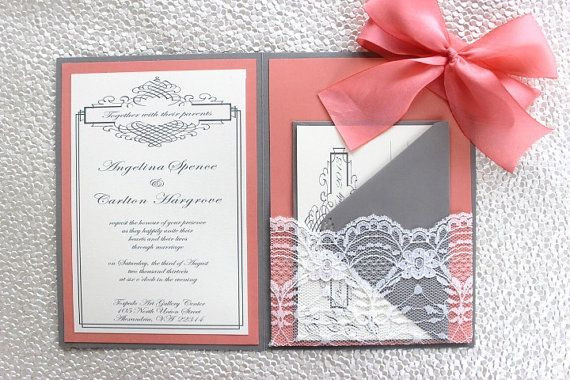 Coral And Gray Wedding Invitations
 I love love LOVE this Grey Coral Lace Wedding