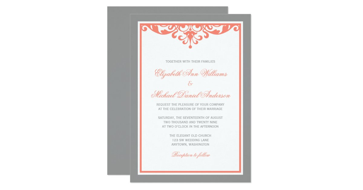 Coral And Gray Wedding Invitations
 Coral and Gray Flourish Wedding Invitations