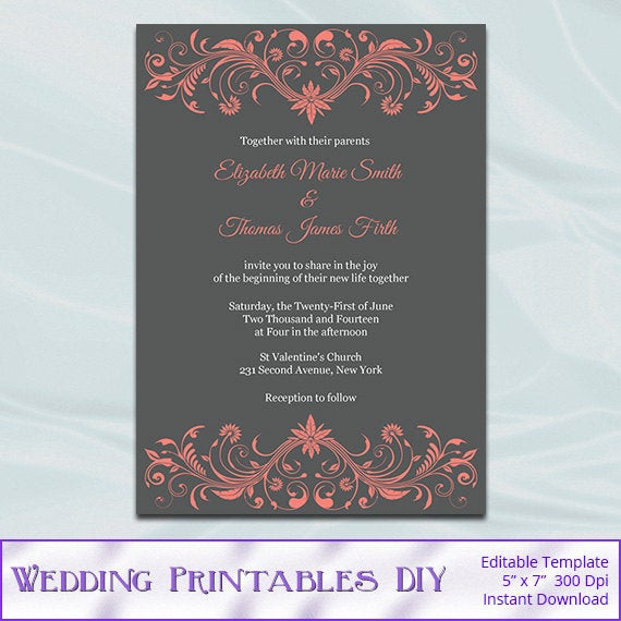 Coral And Gray Wedding Invitations
 Coral and Gray Wedding Invitation Template Diy Printable