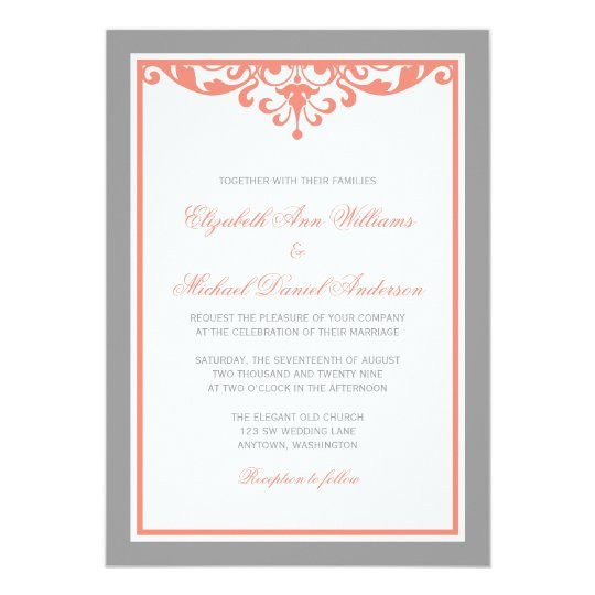 Coral And Gray Wedding Invitations
 Coral and Gray Flourish Wedding Invitations