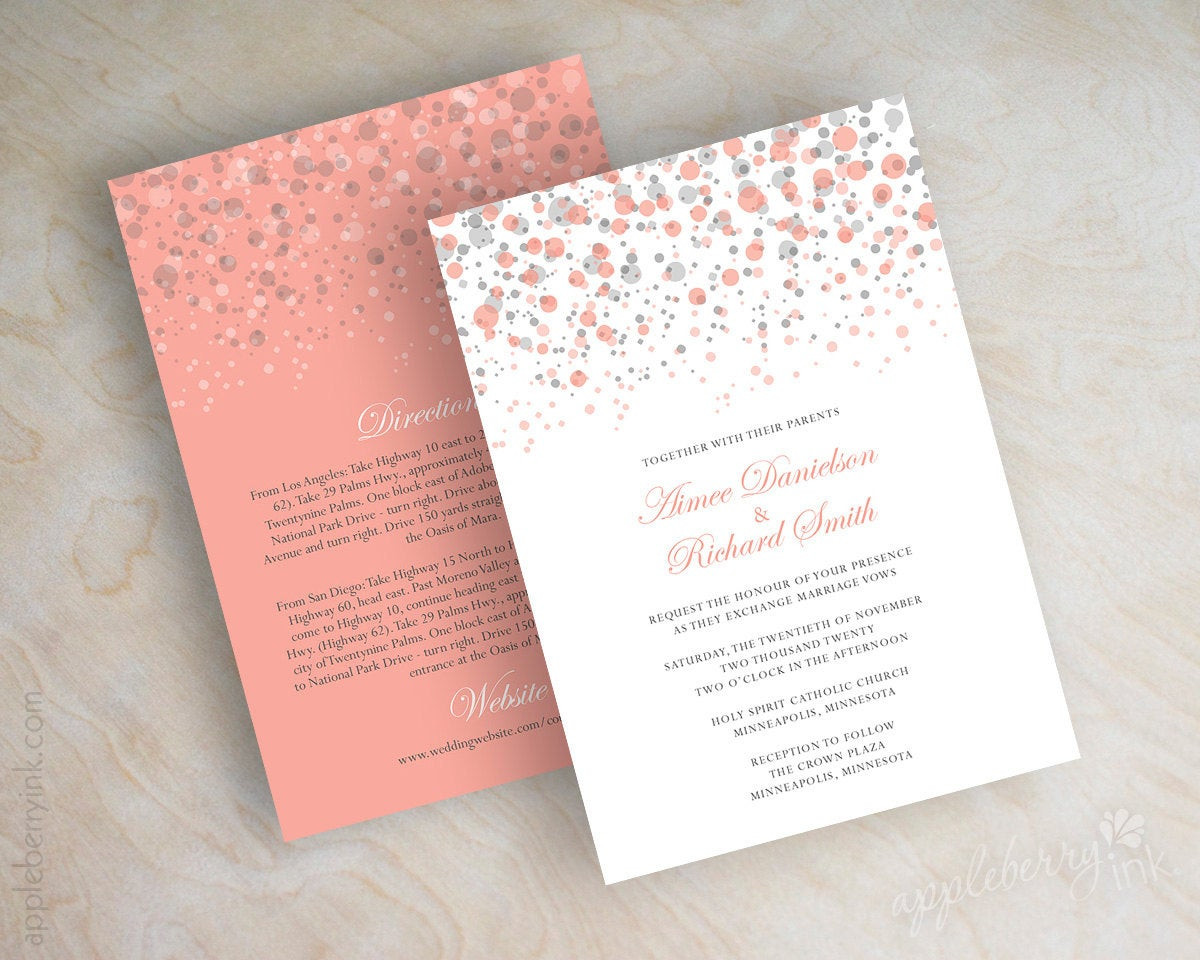 Coral And Gray Wedding Invitations
 Coral and gray polka dot wedding invitation modern confetti