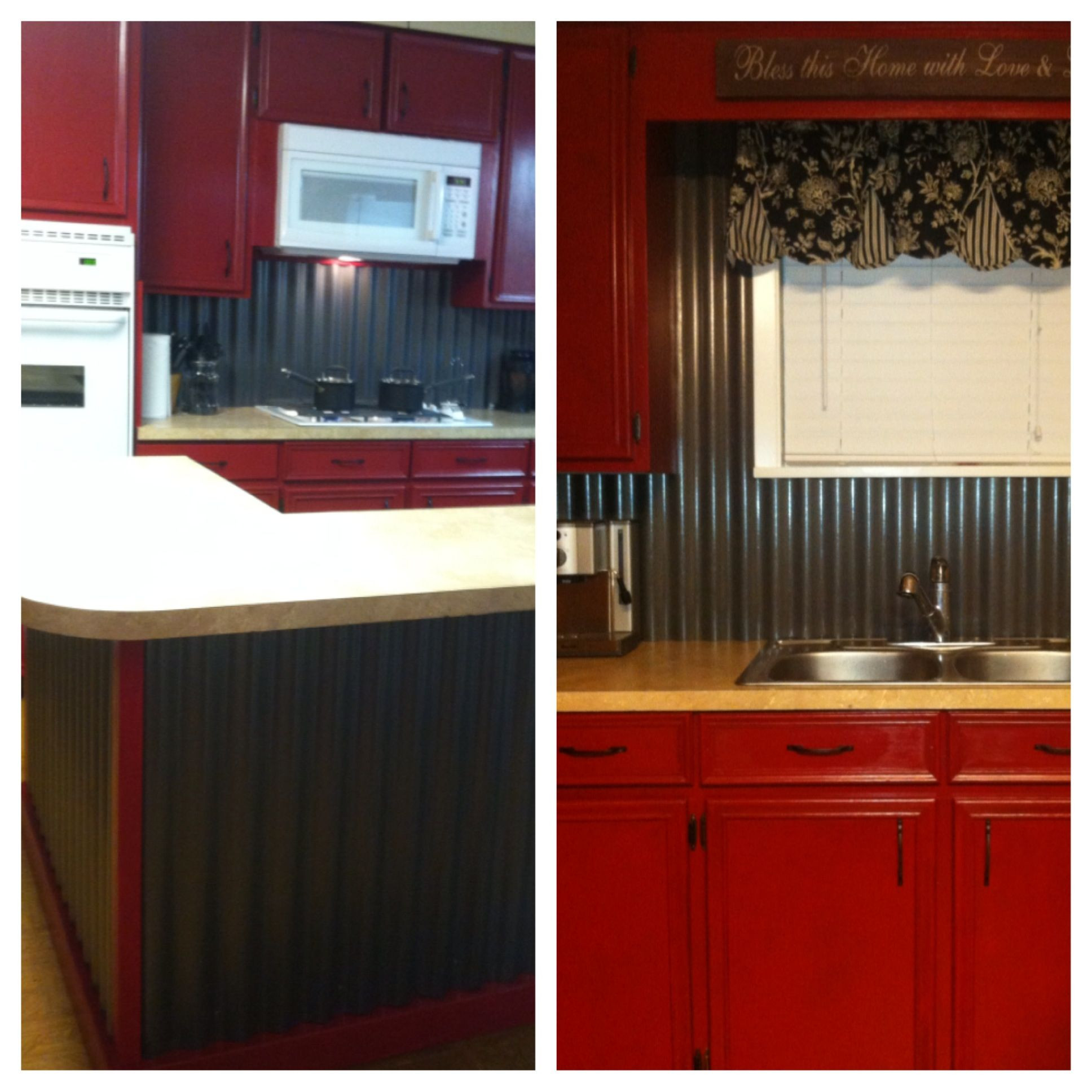 Corrugated Metal Kitchen Backsplash
 Corrugated tin backsplash & island w barn red cabinets