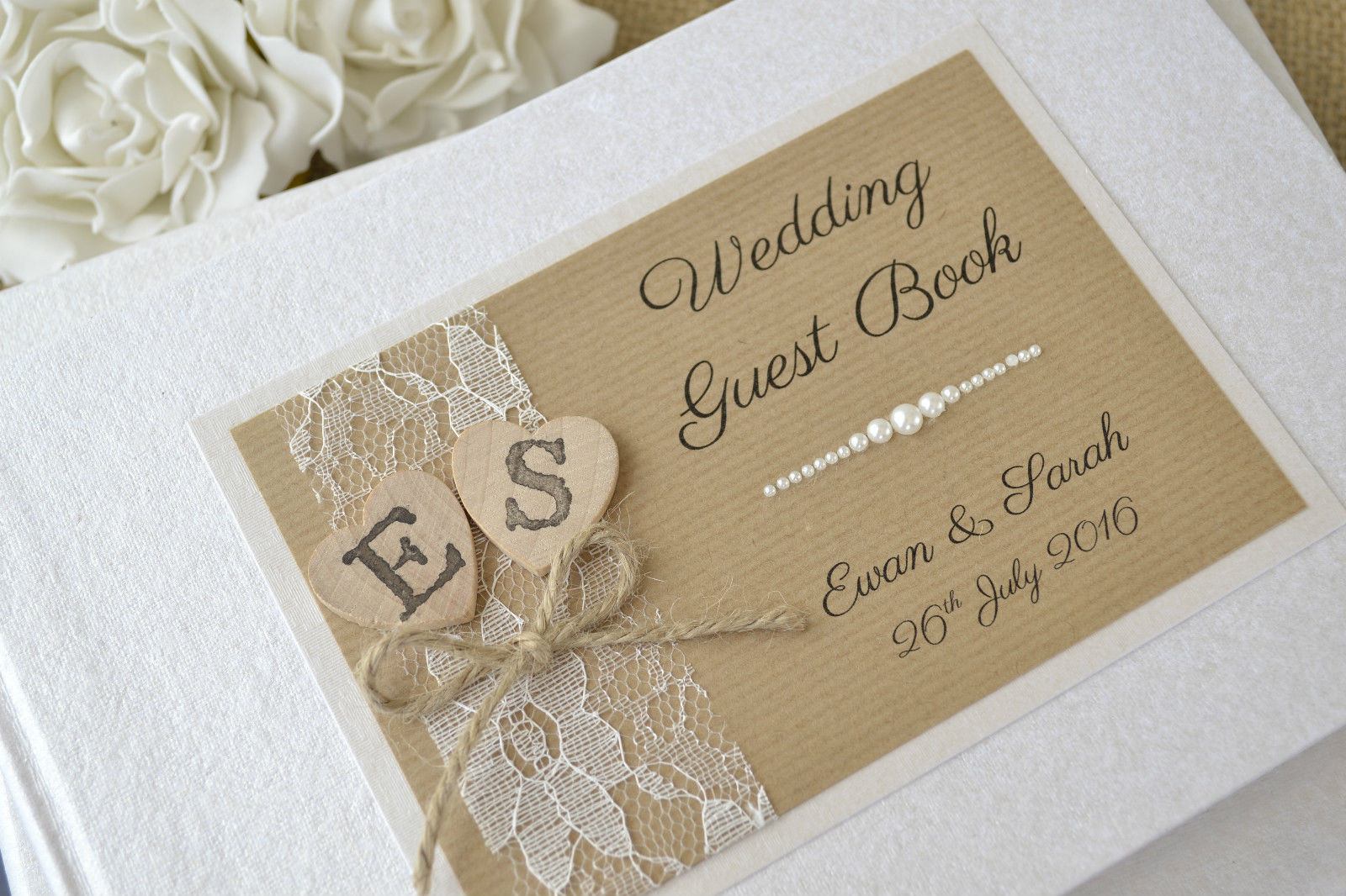 Create Wedding Guest Book
 Personalised Wedding Guest Book – Wooden Hearts & Lace