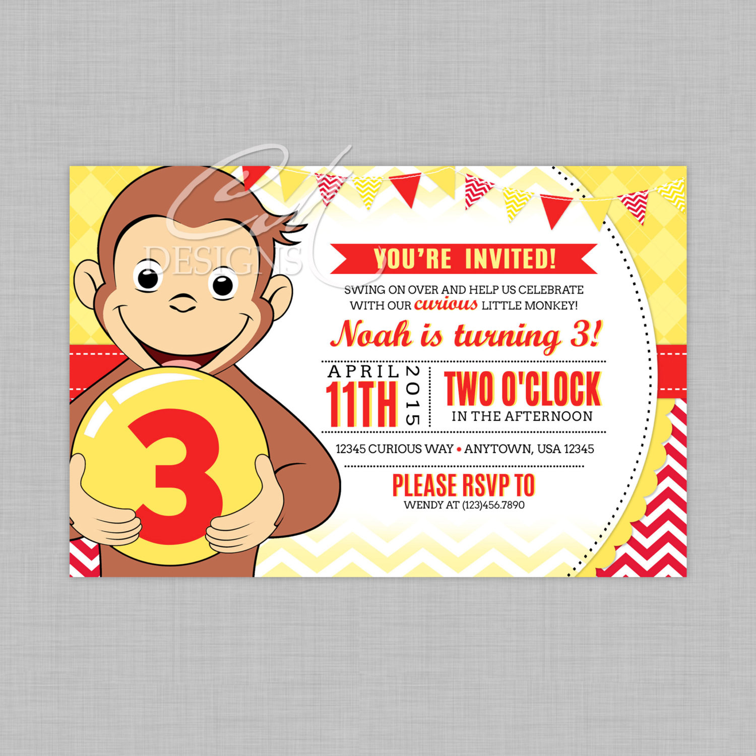 Curious George Birthday Party Invitations
 Curious George Birthday Invitation TWO COLOR by