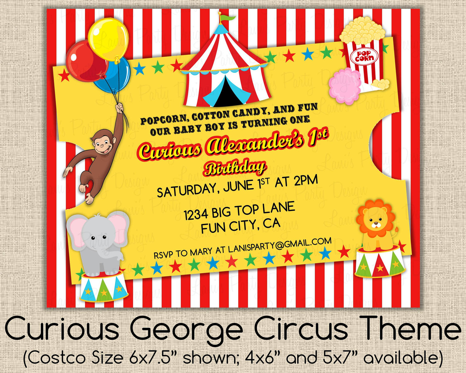 Curious George Birthday Party Invitations
 Curious George Invitation Birthday 1st First Circus Theme