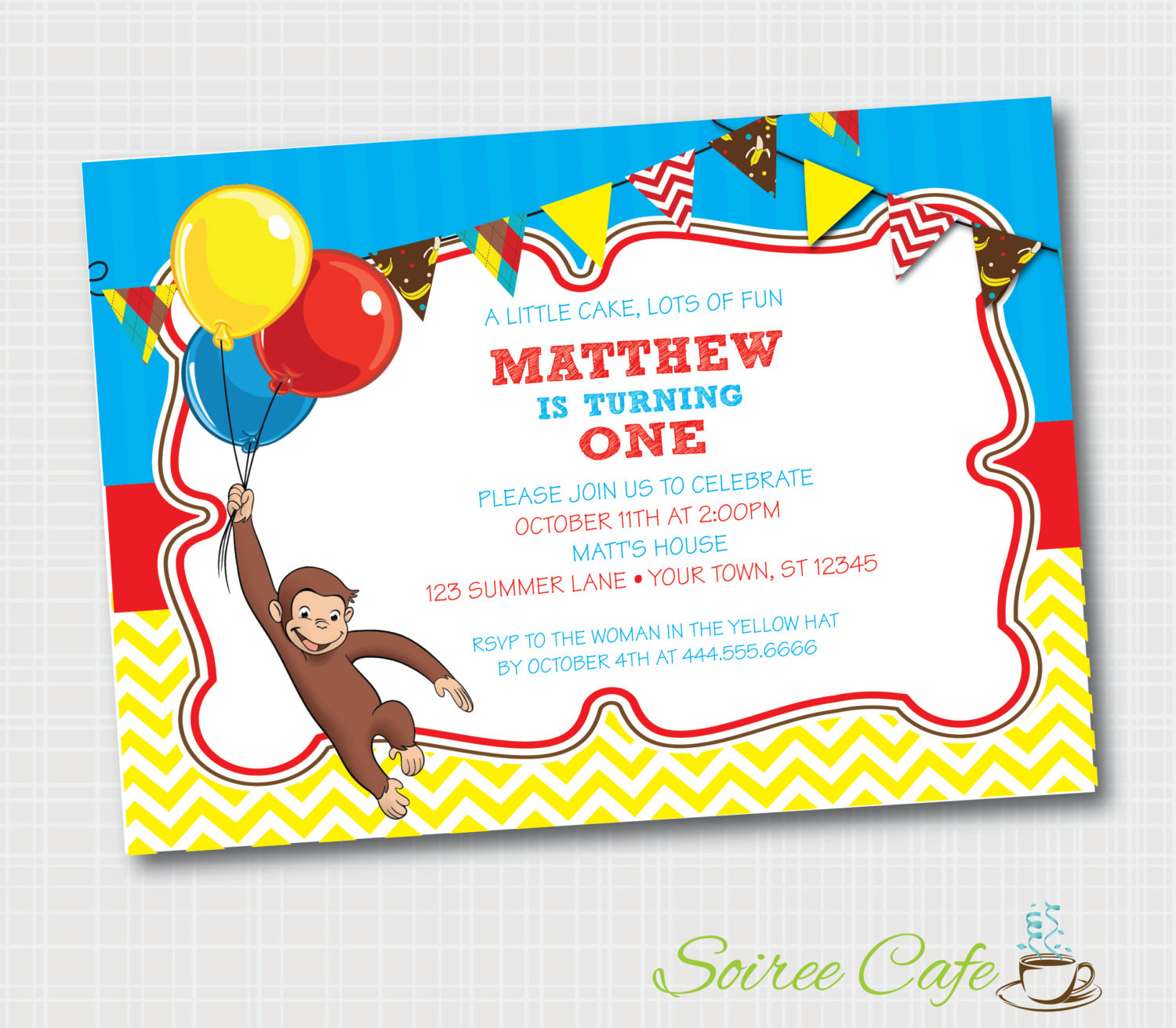 Curious George Birthday Party Invitations
 Curious George Birthday Invitation Digital File Custom