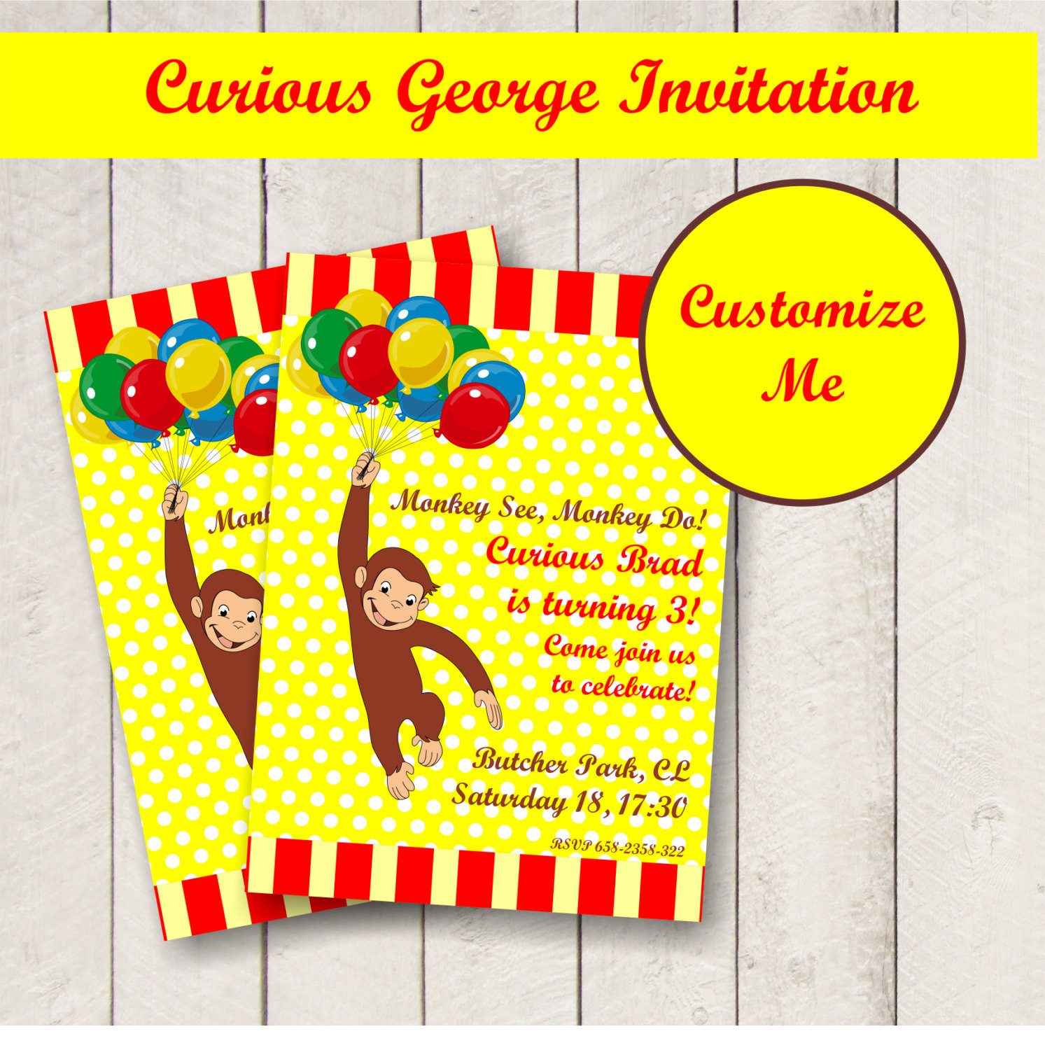 Curious George Birthday Party Invitations
 EDITABLE CURIOUS GEORGE party invitation personalized