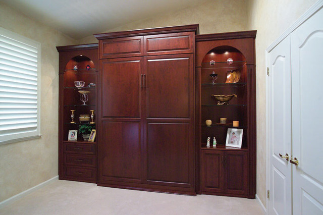 Custom Bedroom Cabinets
 Stained Wood Wall Bed & Side Cabinets Traditional