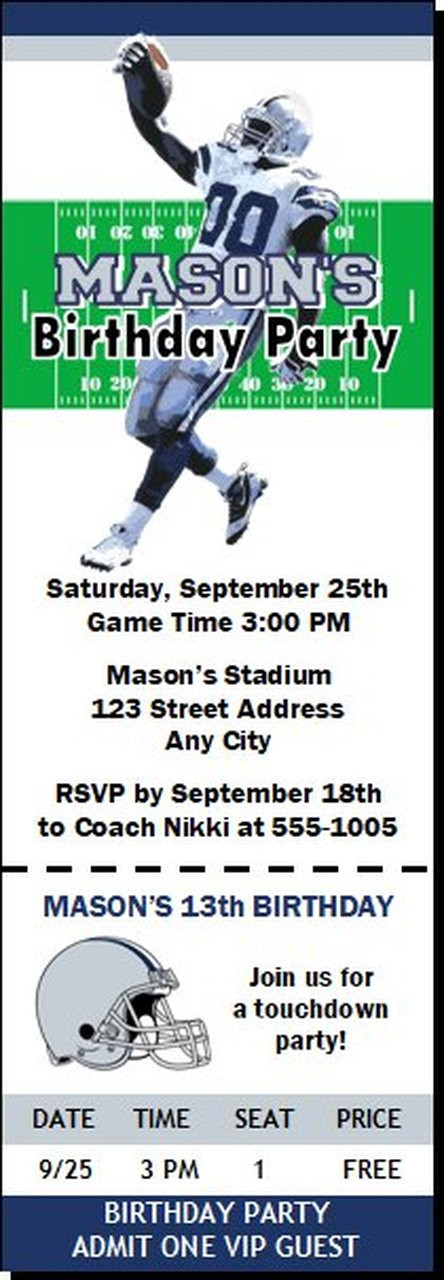 Dallas Cowboys Birthday Invitations
 Dallas Cowboys Colored Football Party Ticket Invitation