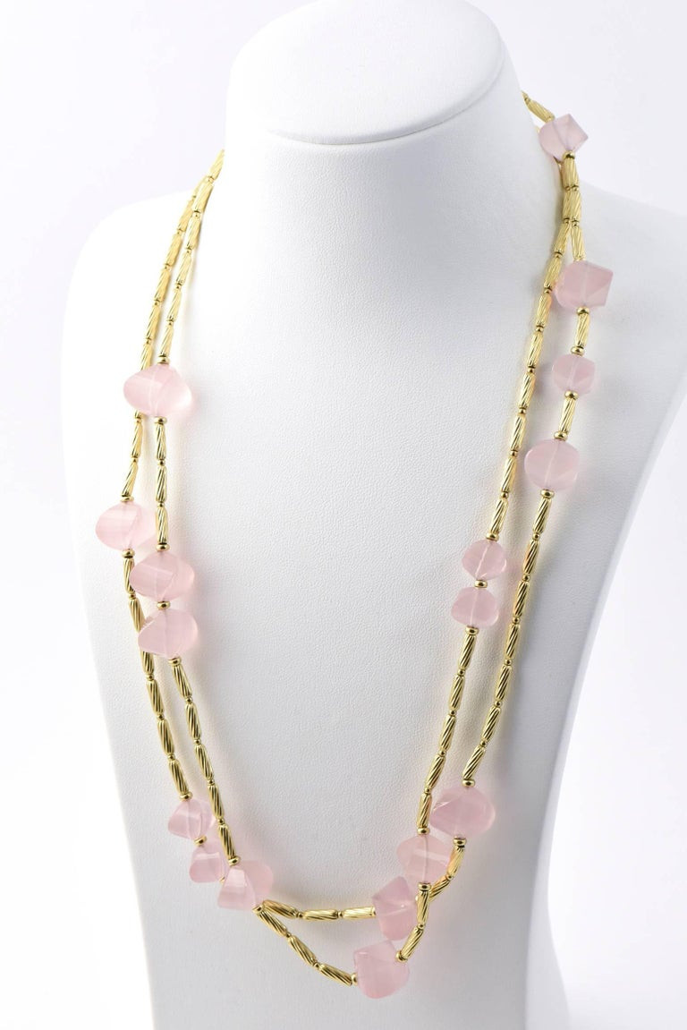 David Yurman Long Necklace
 David Yurman Rose Quartz and Gold Long Necklace For Sale