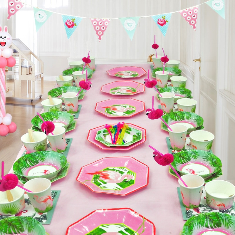 Decorations For A Birthday Party
 91Pcs set Flamingo Disposable Tableware Set Tablecloth For