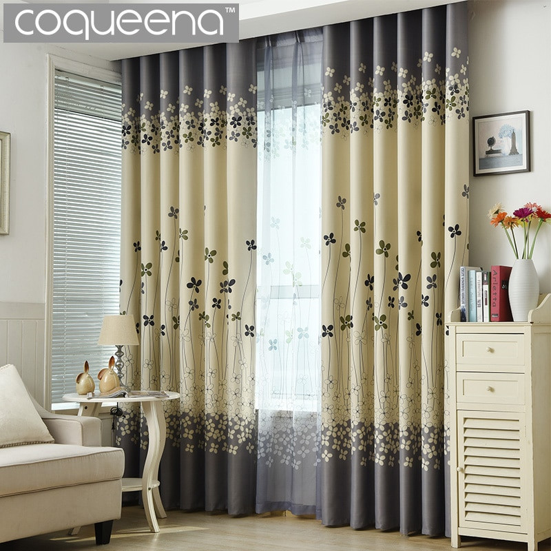 Decorative Curtains For Living Room
 Grey and Cream Floral Print Modern Blackout Curtains for