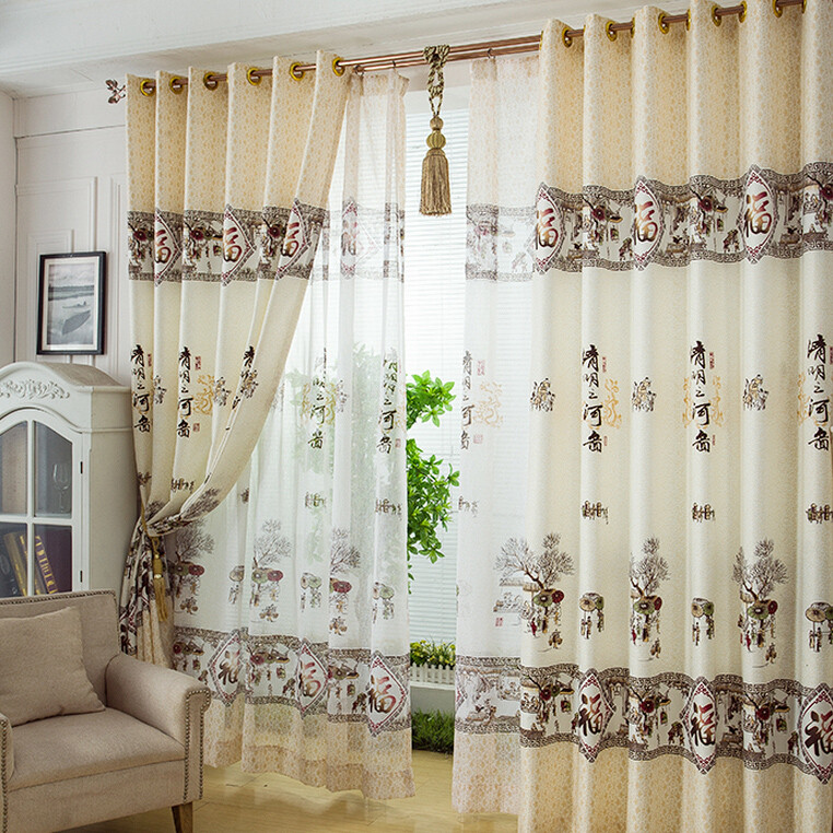 Decorative Curtains For Living Room
 Decorative Chinese Style Landscape Pattern Beige Polyester