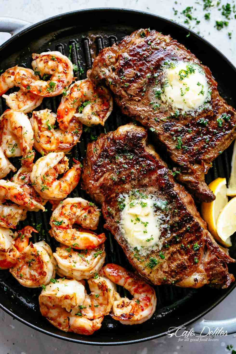 Dinner On The Grill
 Garlic Butter Grilled Steak & Shrimp Cafe Delites