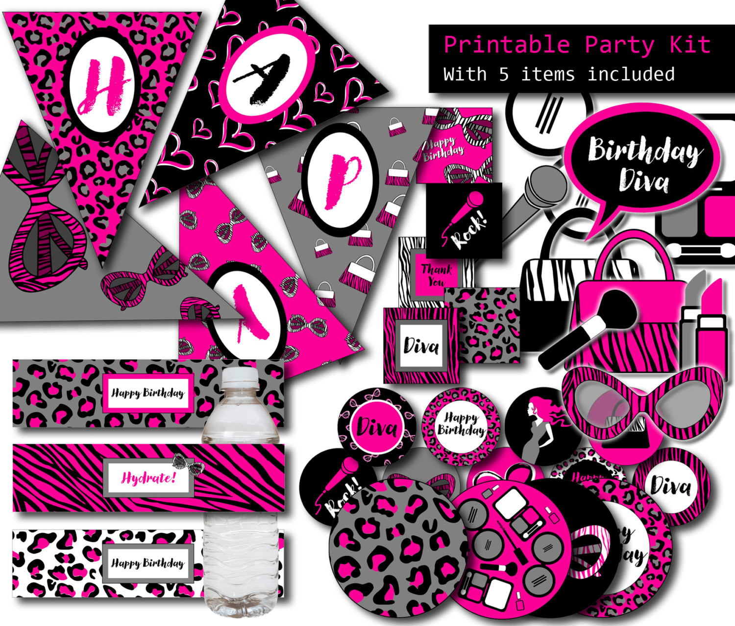 Diva Birthday Party
 Diva Party 5 ITEMS Printable Party Kit Girl Birthday