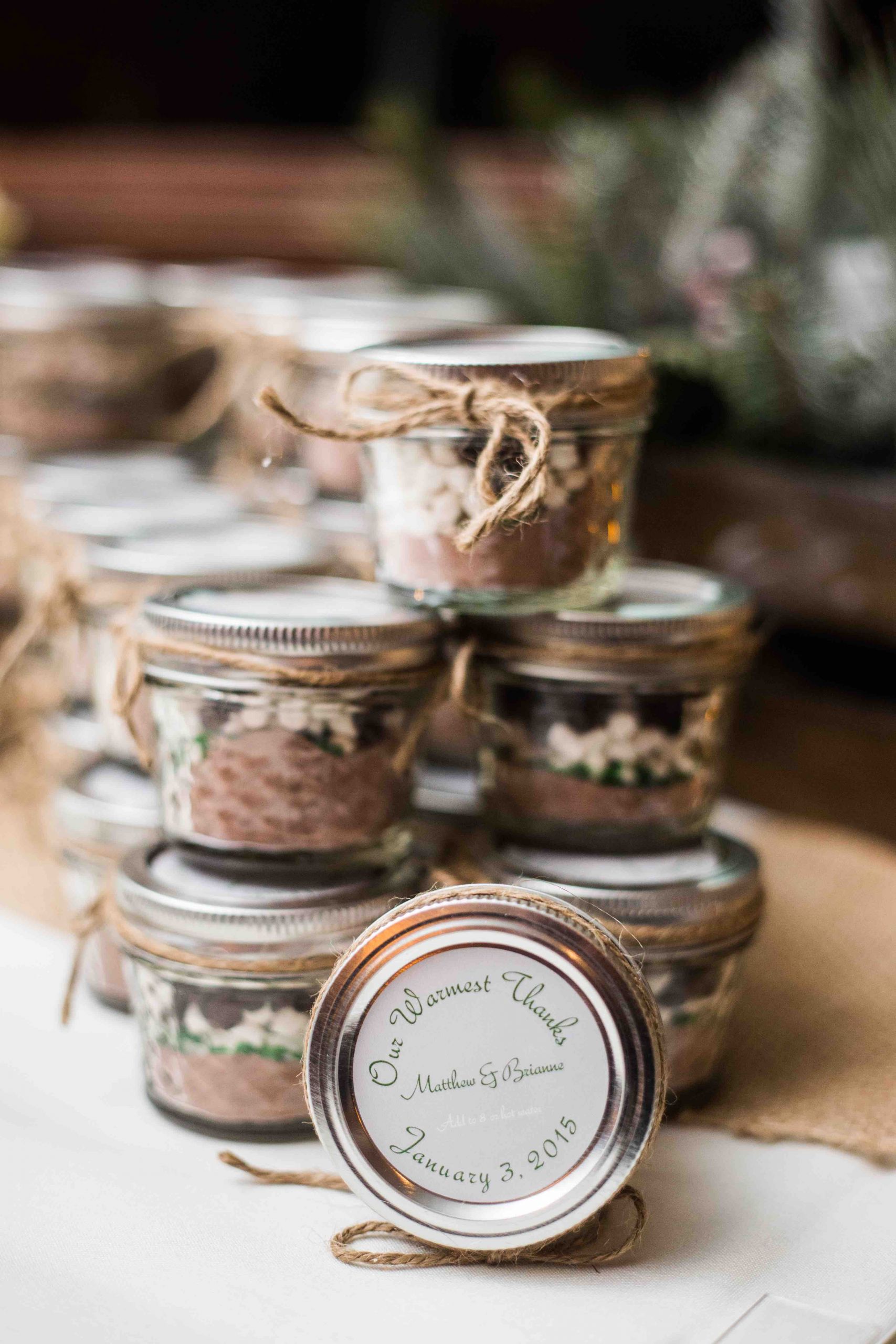DIY Hot Chocolate Wedding Favors
 "Our Warmest Thanks" Wedding favors Hot Chocolate in mason