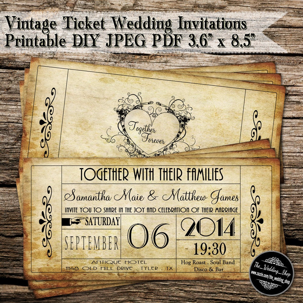 DIY Vintage Wedding Invitations
 Vintage Ticket Wedding Invitations Printable DIY JPEG PDF