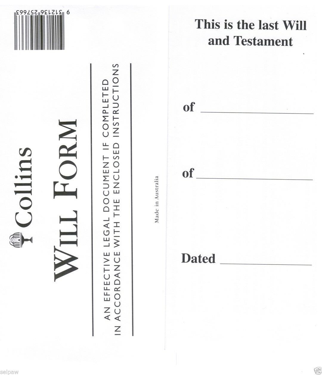 DIY Will Kit
 Collins Australian DIY Will Kit Includes 1 Form and