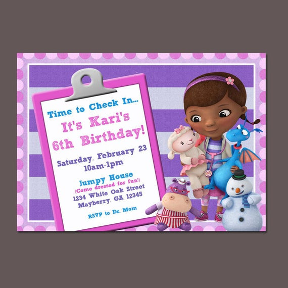 Doc Mcstuffins Personalized Birthday Invitations
 Items similar to Doc McStuffins invitation Pink Purple