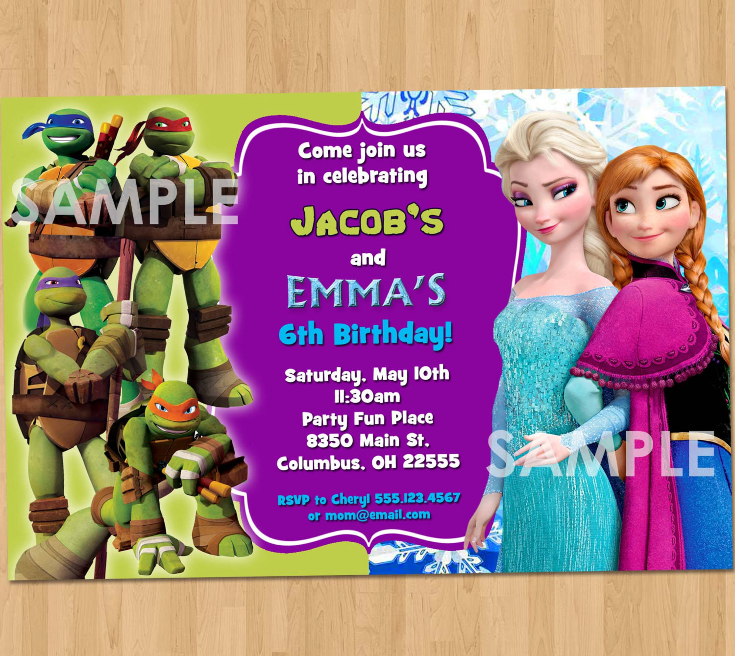 Double Birthday Invitations
 Double Birthday Invitation TMNT and Frozen Printable