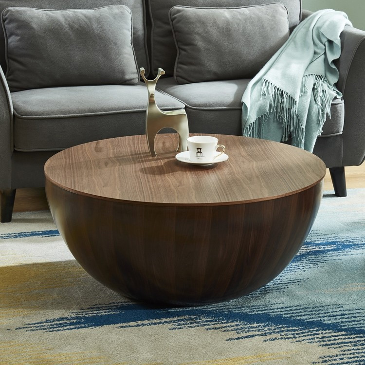 Drum Tables Living Room
 Round Drum Coffee Table with Storage Walnut Bowl Shaped