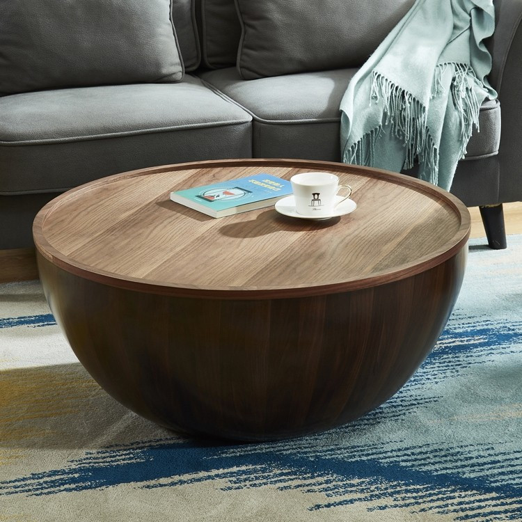 Drum Tables Living Room
 Round Drum Coffee Table with Storage Walnut Bowl Shaped