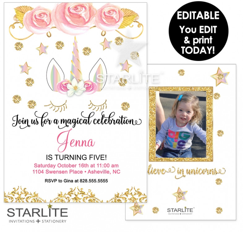 E Invitations For Birthday
 Unicorn Birthday Invitation Printable EDITABLE