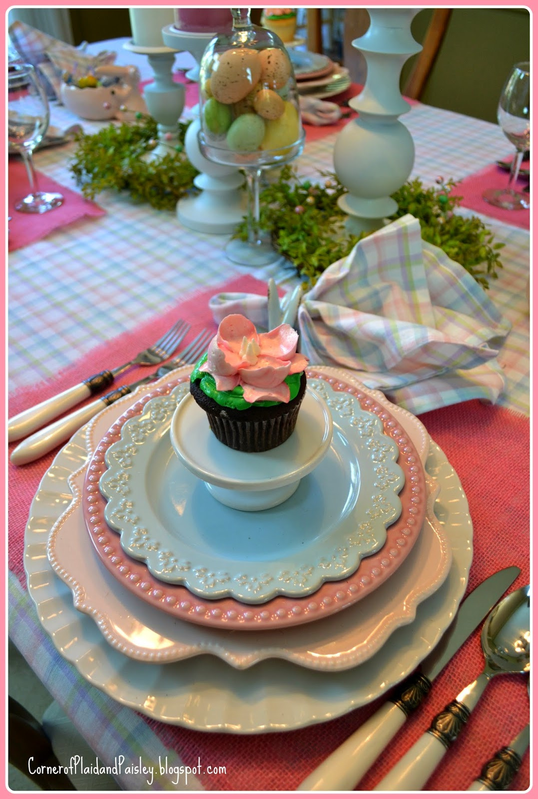 Easter Dinner Table
 Corner of Plaid and Paisley Pastel Easter Table