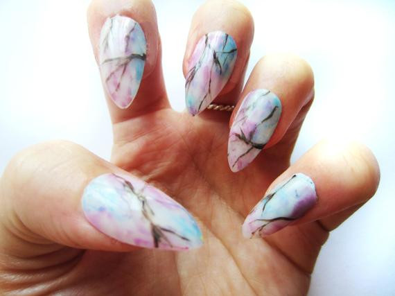 Etsy Nail Art
 Blue and Pink Marble Nail Art Set of 20 Handpainted False