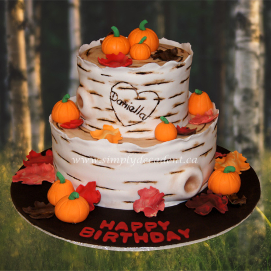 Fall Birthday Cake
 2 Tier Fondant Birch Tree Birthday Cake With Hand