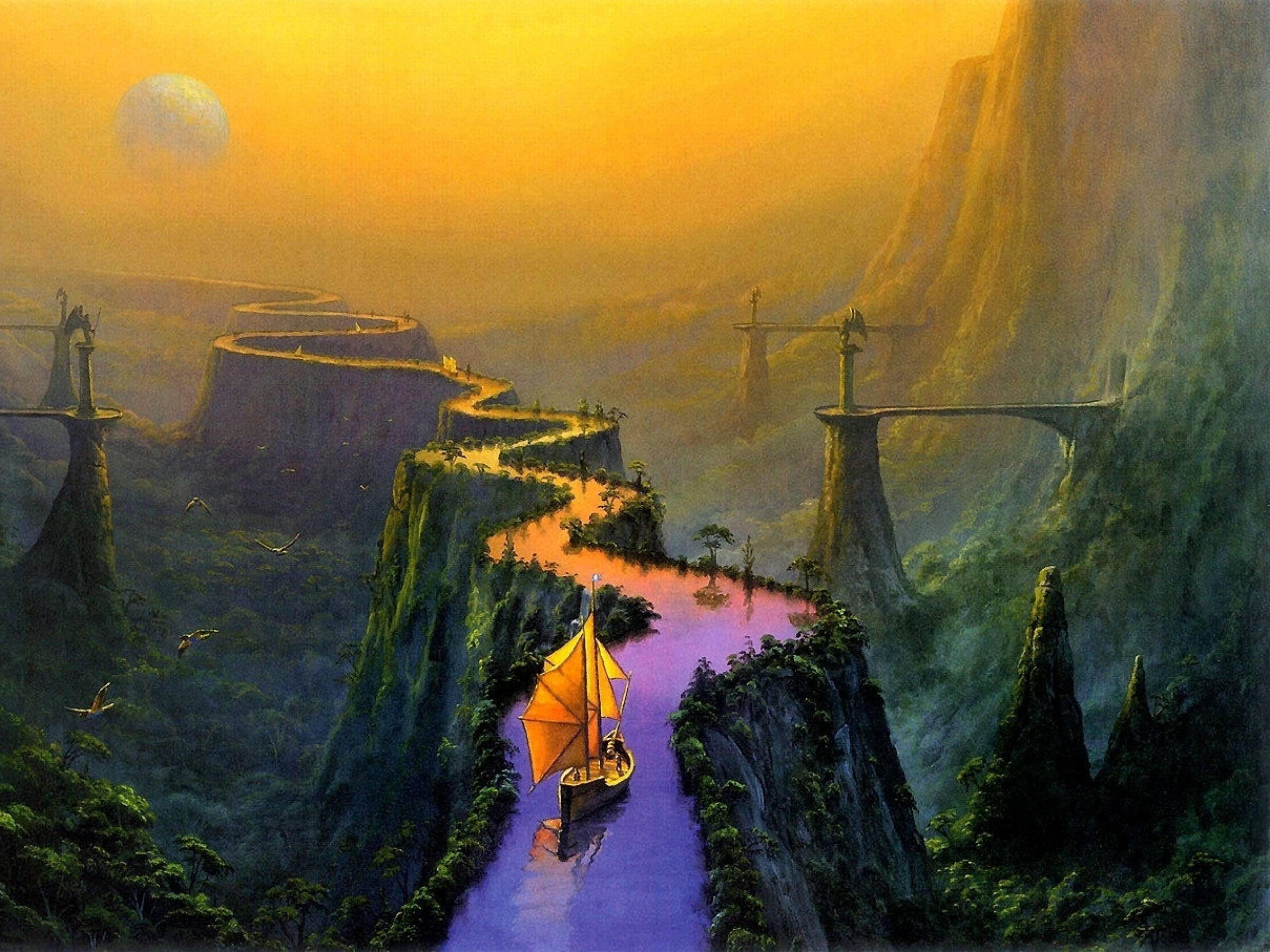 Fantasy Landscape Paintings
 river Boat Fantasy Art Landscape Wallpapers HD