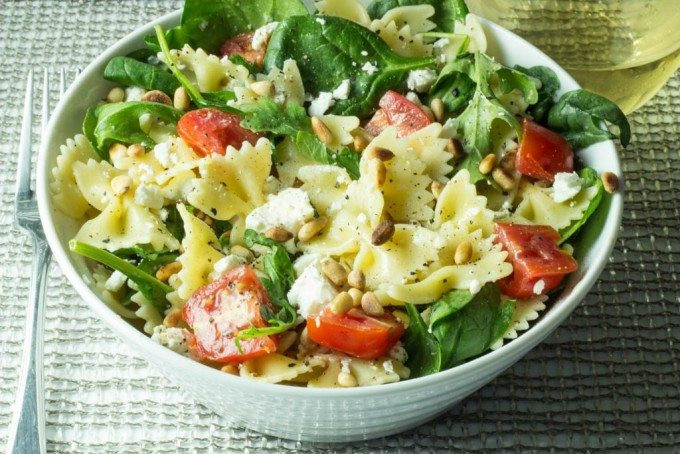 Farfalle Pasta Salad
 Farfalle Pasta with Fresh Spinach Arugula Tomatoes Feta