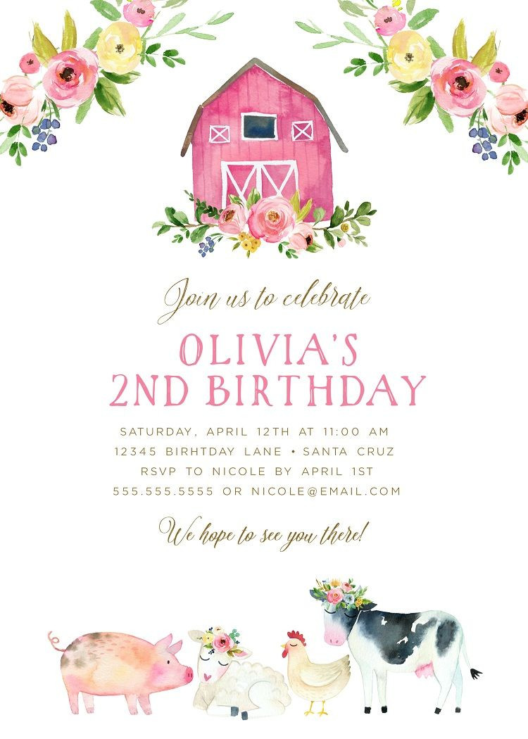 Farm Themed Birthday Invitations
 Farm Birthday Invitation Girl Editable Digital