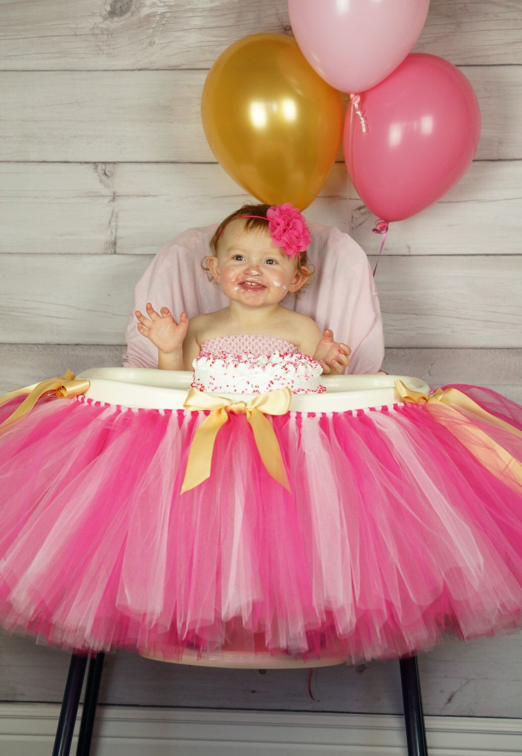 First Birthday High Chair Decorations
 Pink gold Highchair tutu First birthday highchair tutu