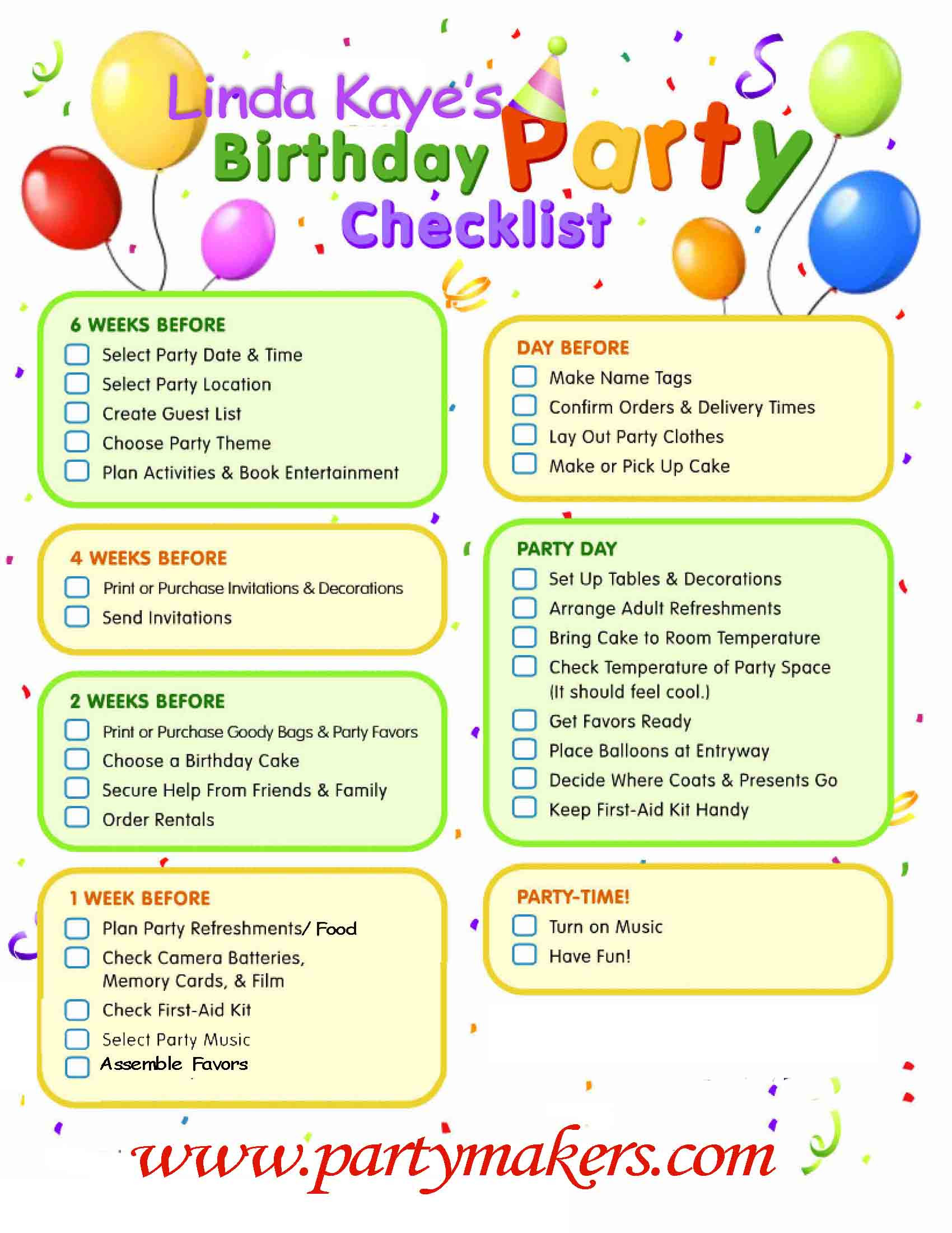 First Birthday Party Checklist
 Party Tips — Linda Kaye’s Partymakers