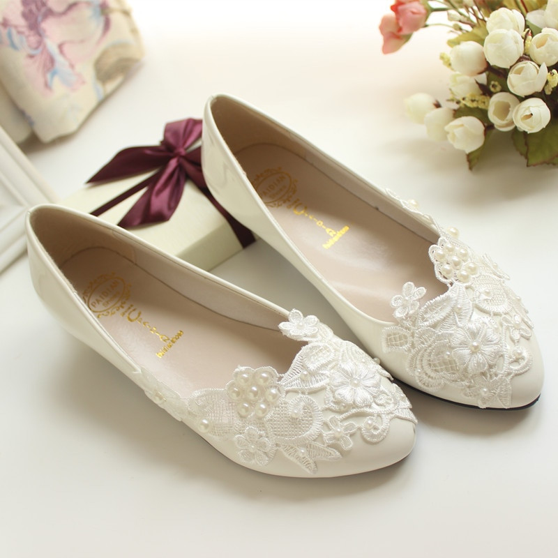 Flat White Wedding Shoes
 Handmade Bride Married Flat White Lace Flower Wedding