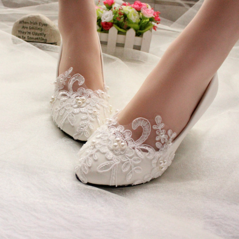Flat White Wedding Shoes
 Lace white ivory crystal Wedding shoes Bridal flats low