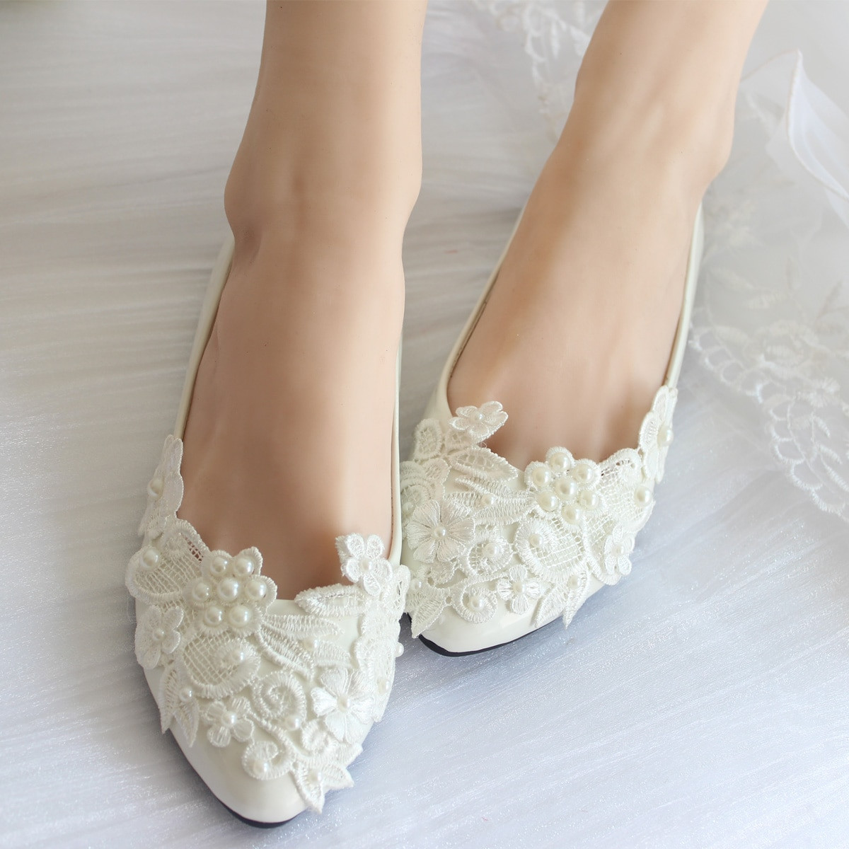 Flat White Wedding Shoes
 Aliexpress Buy Pearl Lace Wedding Shoes White