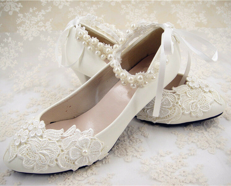 Flat White Wedding Shoes
 Handmade f White Lace Bridal Shoes Flat Ankle Strap