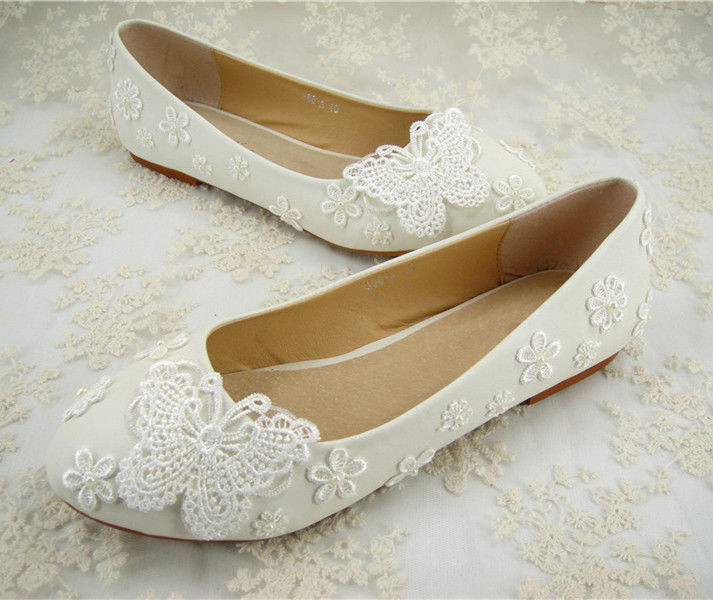 Flat White Wedding Shoes
 Handmade White Flat Pearl Lace Bridal Shoes Floral Beaded