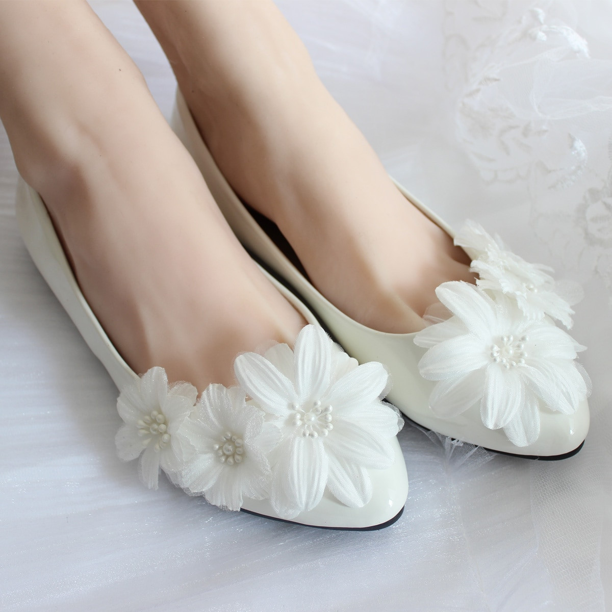 Flat White Wedding Shoes
 Handmade wedding shoes white flat bridal shoes elegant