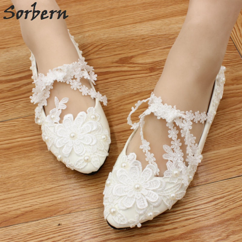 Flat White Wedding Shoes
 Sorbern Handmade Flat Wedding Party Shoes White Lace