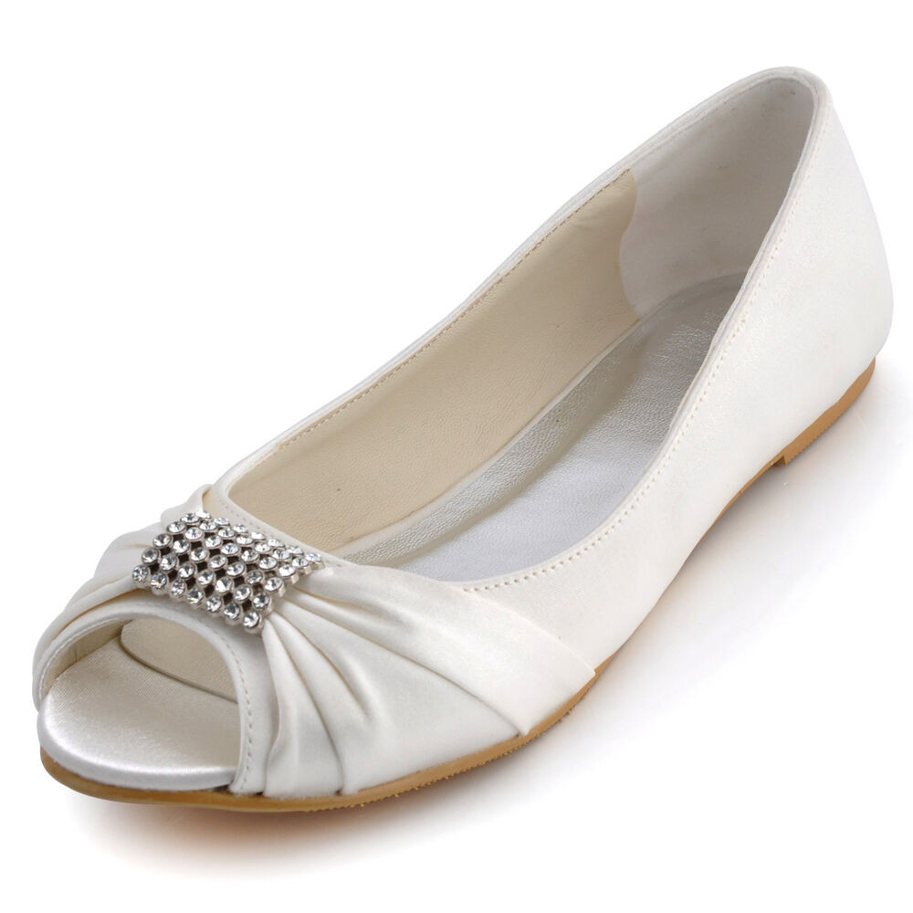 Flat White Wedding Shoes
 EP2053 White Ivory Peep Toe Ballet Flats Rhinestones Satin